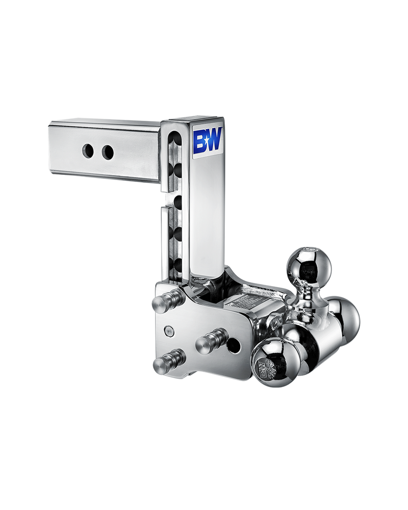 B&W Tow & Stow chrome plated adjustable ball mount TS20049C with a 2.5" shank, 7" drop and three chrome balls on the swing arm