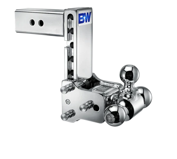 Angled view of the B&W Tow & Stow TS20049C showing the adjustment holes in the shank, the stainless pins and the rotating ball arm