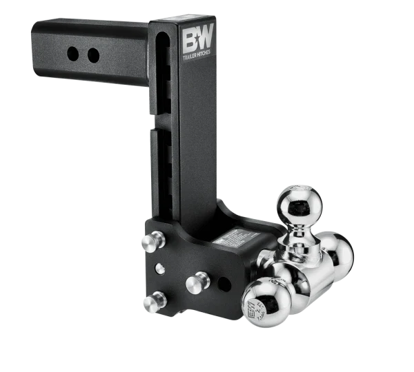 Angled view of the B&W Tow & Stow TS20050B showing the adjustment holes in the shank, the stainless pins and the rotating ball arm