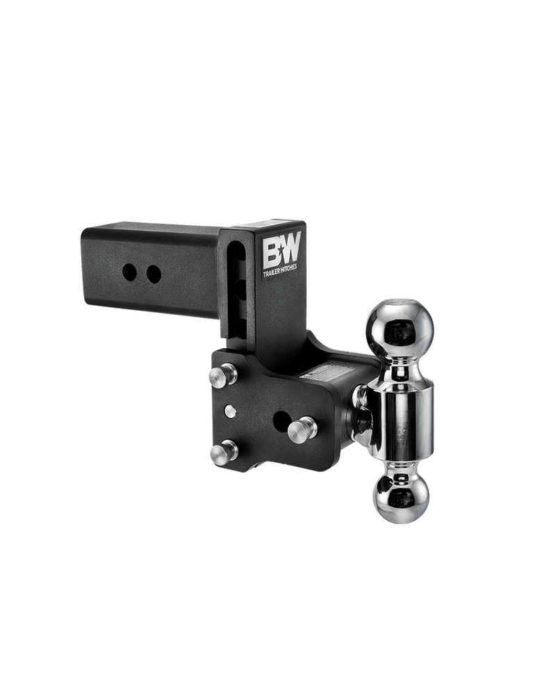 B&W Tow & Stow black powder coated adjustable ball mount TS30037B with a 3" shank, 4.5" drop and two chrome balls on the swing arm