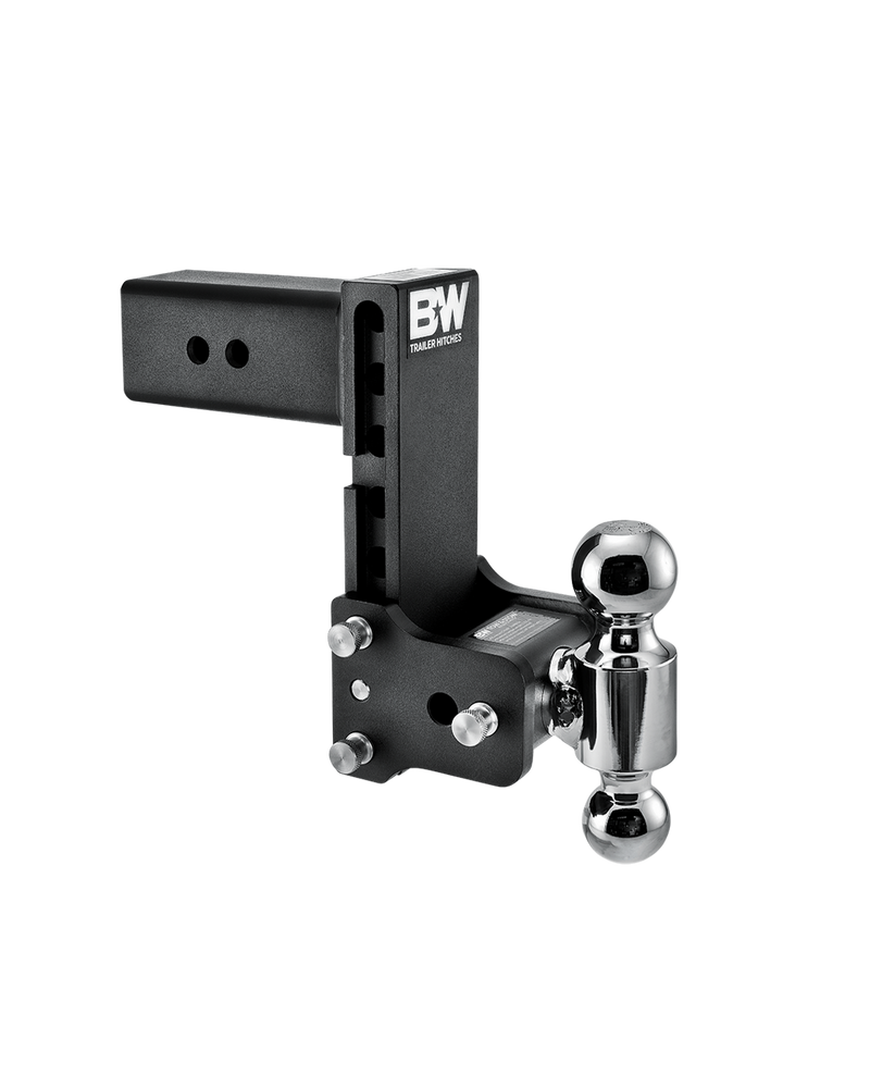 B&W Tow & Stow black powder coated adjustable ball mount TS30040B with a 3" shank, 7.5" drop and two chrome balls on the swing arm