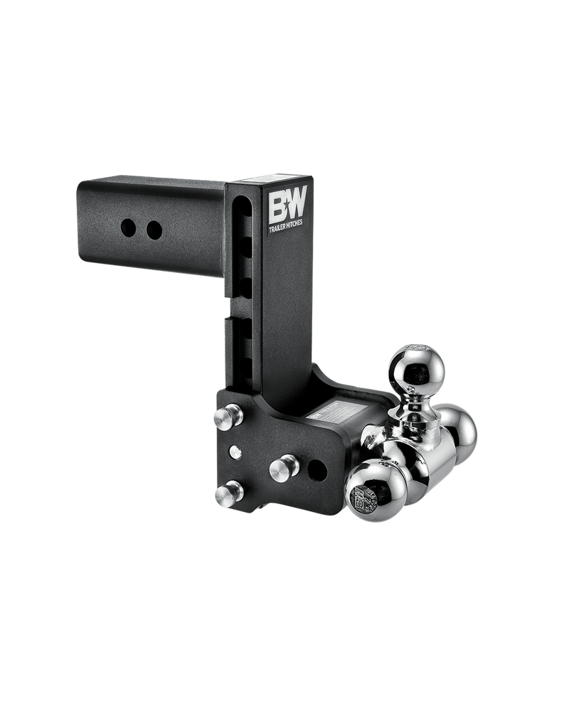 B&W Tow & Stow black powder coated adjustable ball mount TS30049B with a 3" shank, 7.5" drop and three chrome balls on the swing arm