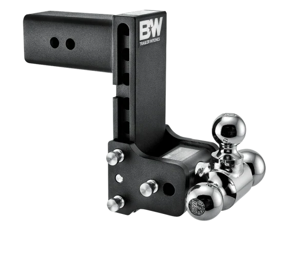 Angled view of the B&W Tow & Stow TS30049B showing the adjustment holes in the shank, the stainless pins and the rotating ball arm