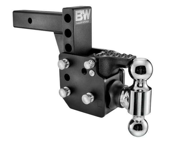 Angled view of the B&W Dual Ball Pintle Tow & Stow TS10053B showing the pintle plate, adjustment holes and stainless pins