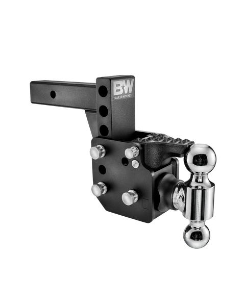 B&W Tow & Stow Dual Ball Pintle hitch TS10053B in black, showing the serrated pintle plate above the 2" and 2-5/16" chrome balls