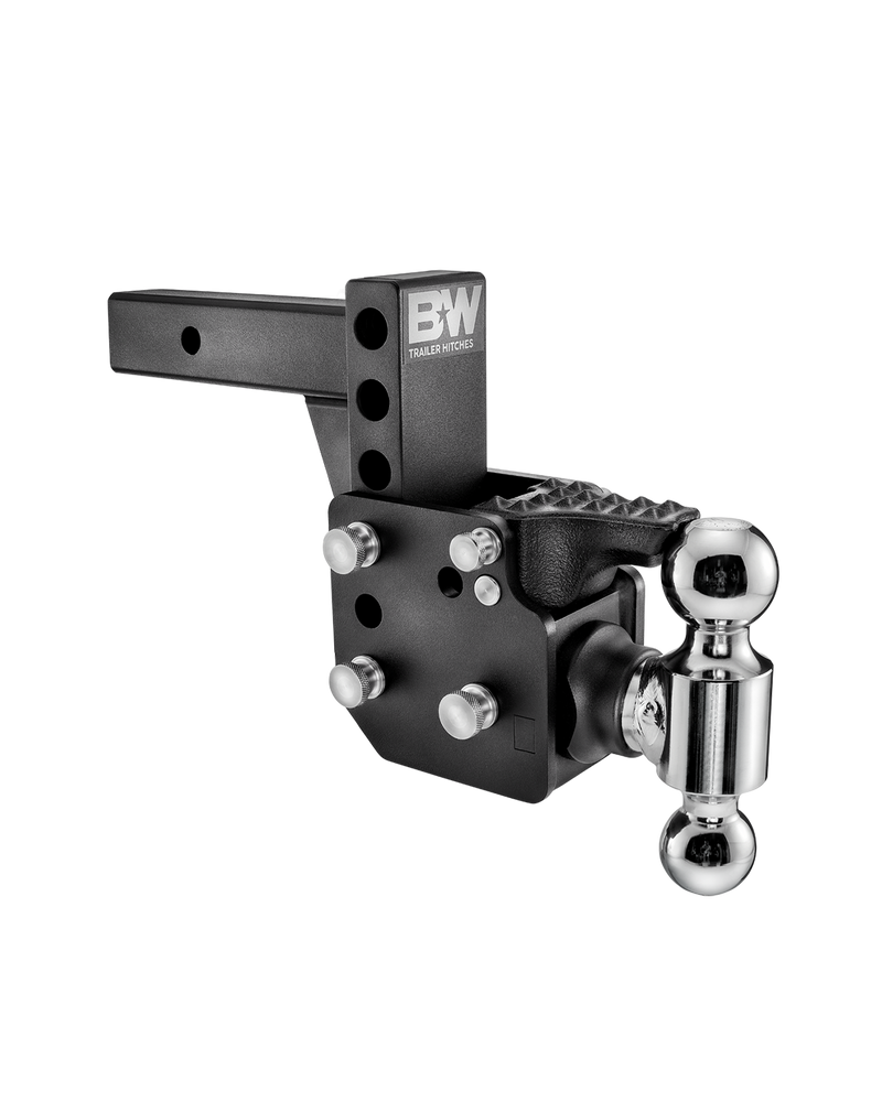 B&W Tow & Stow Dual Ball Pintle hitch TS10053B in black, showing the serrated pintle plate above the 2" and 2-5/16" chrome balls