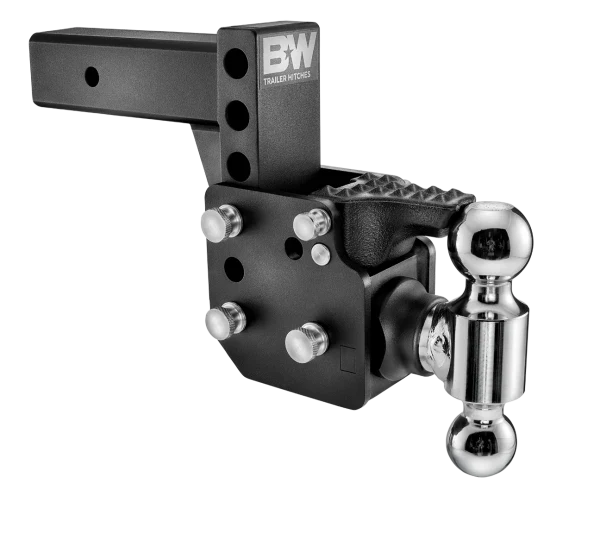 Angled view of the B&W Dual Ball Pintle Tow & Stow TS20053B showing the pintle plate, adjustment holes and stainless pins