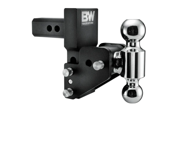 Angled view of the B&W MultiPro and MultiFlex Tow & Stow TS10063BMP showing the shank adjustment holes, stainless pins and offset ball arm