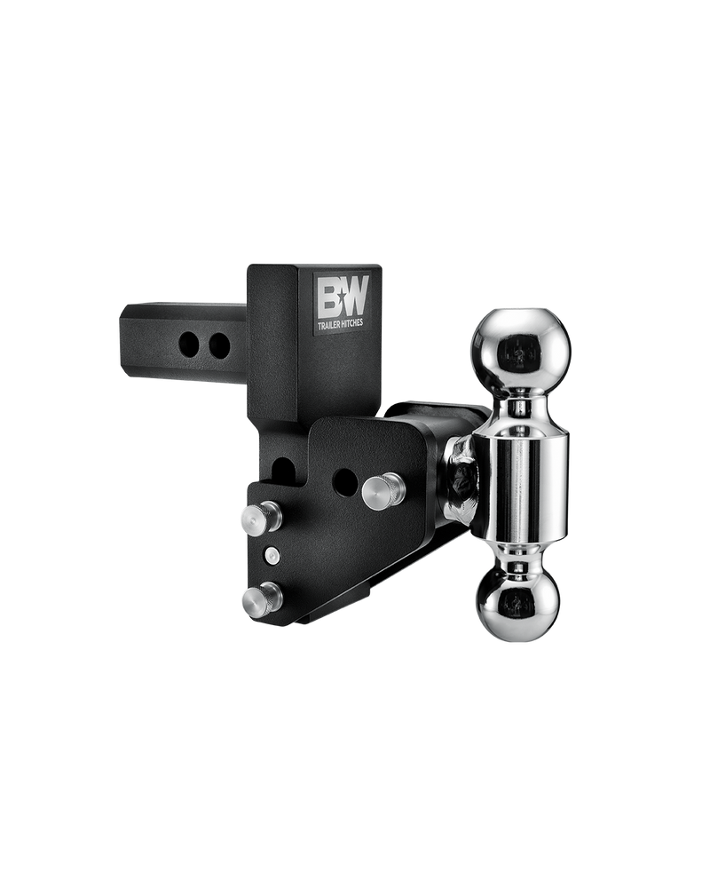 B&W Tow & Stow MultiPro and MultiFlex ball mount TS10063BMP in black, showing the angled head and offset swing arm with two chrome balls