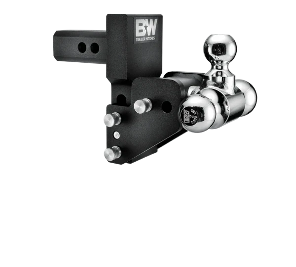 Angled view of the B&W MultiPro and MultiFlex Tow & Stow TS10064BMP showing the shank adjustment holes, stainless pins and offset ball arm