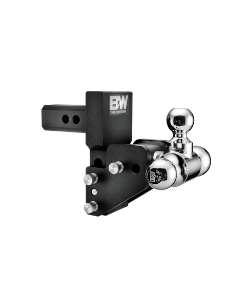 B&W Tow & Stow MultiPro and MultiFlex ball mount TS10064BMP in black, showing the angled head and offset swing arm with three chrome balls