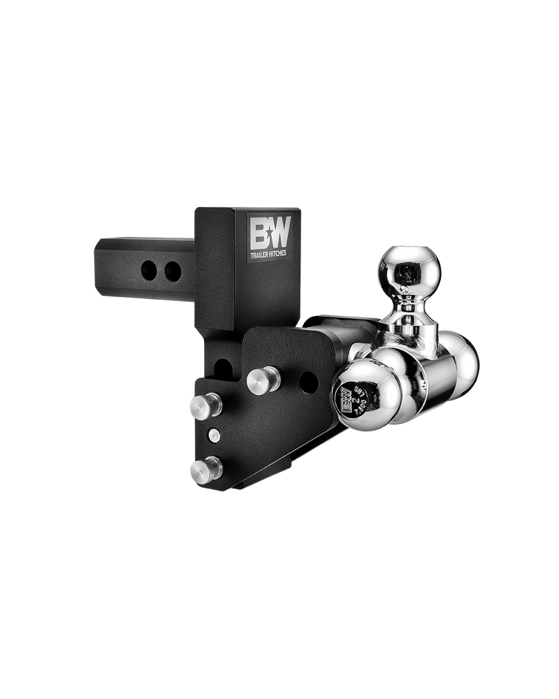 B&W Tow & Stow MultiPro and MultiFlex ball mount TS10064BMP in black, showing the angled head and offset swing arm with three chrome balls