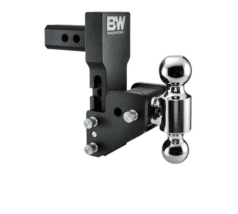 Angled view of the B&W MultiPro and MultiFlex Tow & Stow TS10065BMP showing the shank adjustment holes, stainless pins and offset ball arm