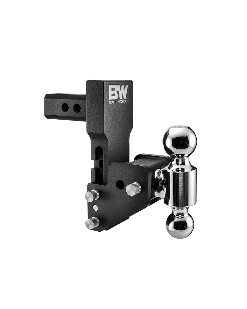 B&W Tow & Stow MultiPro and MultiFlex ball mount TS10065BMP in black, showing the angled head and offset swing arm with two chrome balls