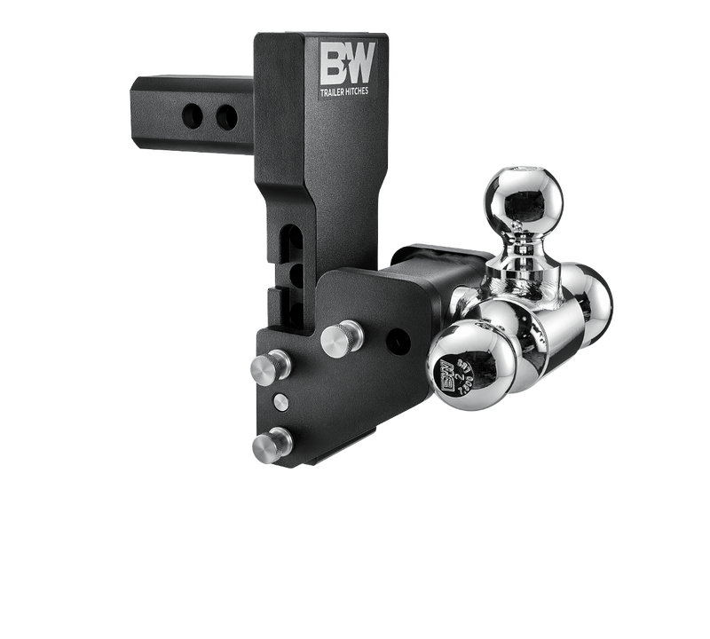 Angled view of the B&W MultiPro and MultiFlex Tow & Stow TS10066BMP showing the shank adjustment holes, stainless pins and offset ball arm