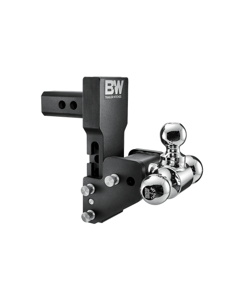 B&W Tow & Stow MultiPro and MultiFlex ball mount TS10066BMP in black, showing the angled head and offset swing arm with three chrome balls