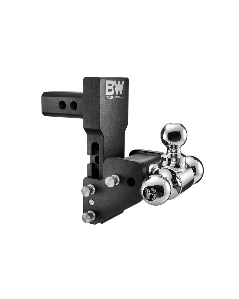 B&W Tow & Stow MultiPro and MultiFlex ball mount TS10066BMP in black, showing the angled head and offset swing arm with three chrome balls
