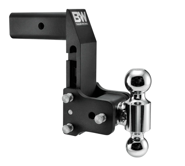 Angled view of the B&W MultiPro and MultiFlex Tow & Stow TS20066BMP showing the shank adjustment holes, stainless pins and offset ball arm