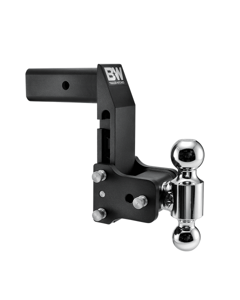B&W Tow & Stow MultiPro and MultiFlex ball mount TS20066BMP in black, showing the angled head and offset swing arm with two chrome balls