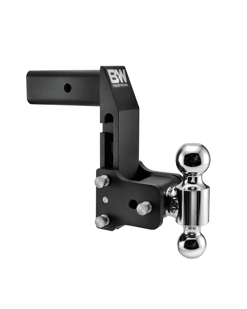 B&W Tow & Stow MultiPro and MultiFlex ball mount TS20066BMP in black, showing the angled head and offset swing arm with two chrome balls
