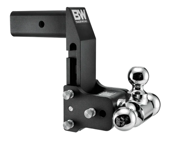 Angled view of the B&W MultiPro and MultiFlex Tow & Stow TS20067BMP showing the shank adjustment holes, stainless pins and offset ball arm