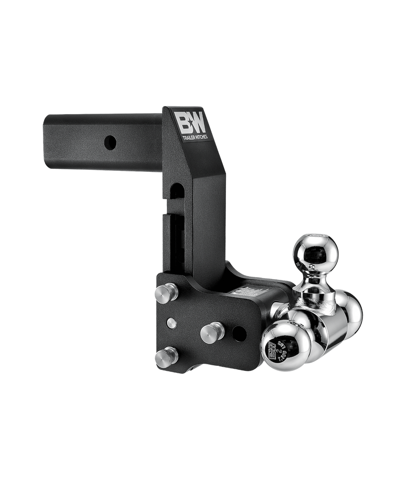 B&W Tow & Stow MultiPro and MultiFlex ball mount TS20067BMP in black, showing the angled head and offset swing arm with three chrome balls