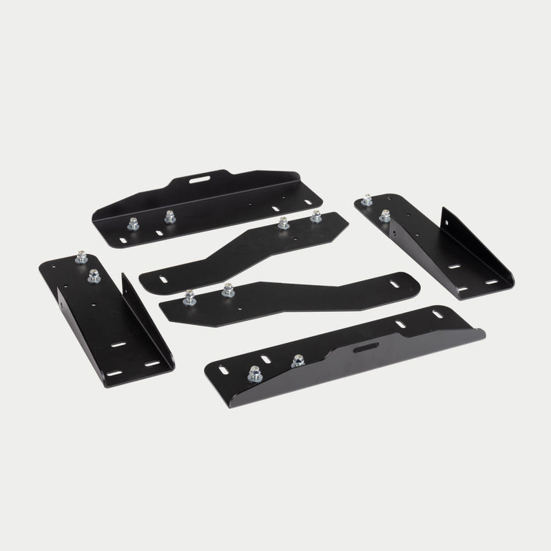 Legacy DECKED CargoGlide mounting bracket kit for full-size drawer systems: six black formed steel brackets and spacer plates with pre-fitted zinc bolts