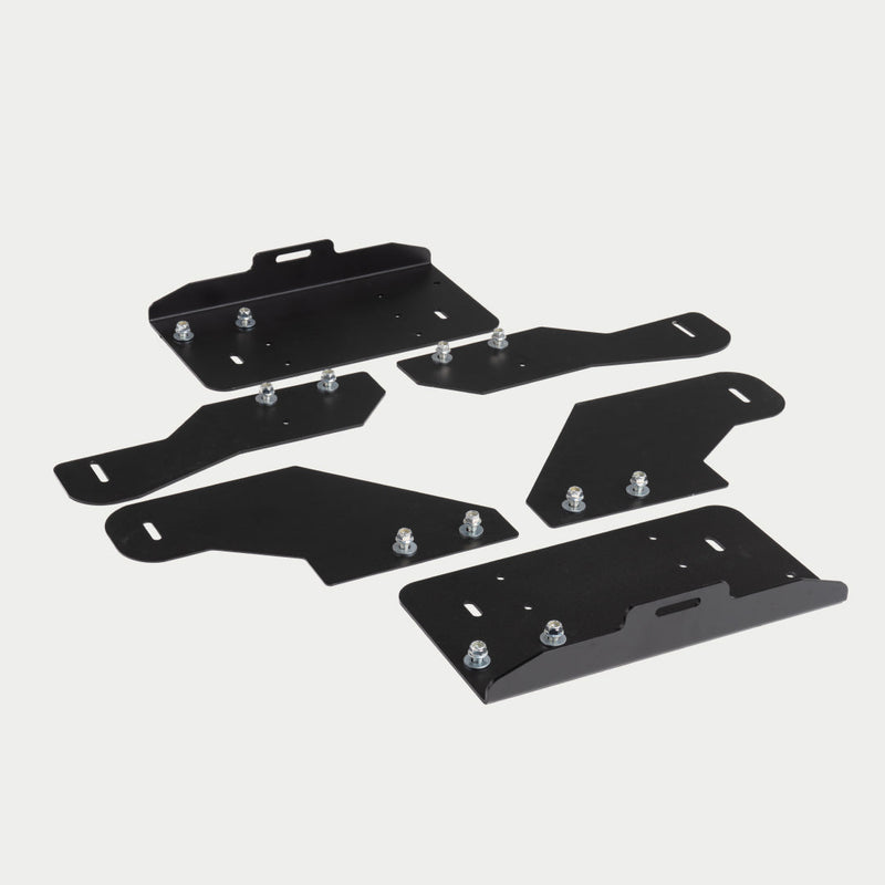 Legacy DECKED CargoGlide mounting bracket kit for midsize drawer systems: six black formed steel brackets and spacer plates with pre-fitted zinc bolts