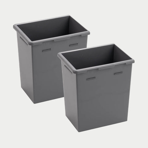 Pair of deep gray DECKED Stash Bins shown in studio, tall open-top bins with molded lip flanges