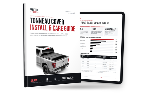 Tonneau Cover Install and Care Guide eBook by Prestige Truck, shown as a printed guide and on a tablet