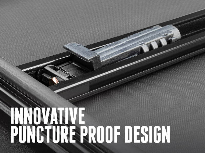 Close-up of the rail and cross-bow hardware, with a caption about the puncture-proof design