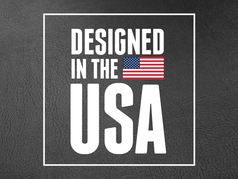 Designed in the USA graphic with a flag on a dark textured background