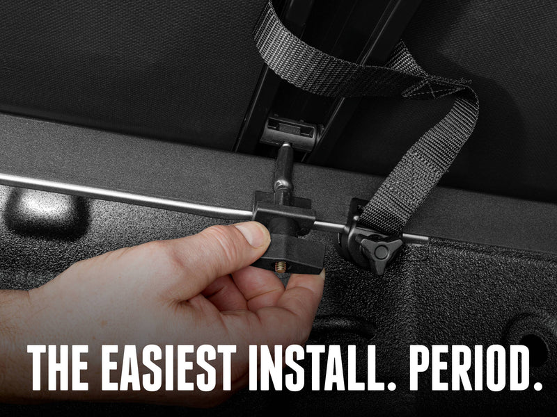 Hand fitting a clamp to the rail beside a storage strap, with a caption about easy install