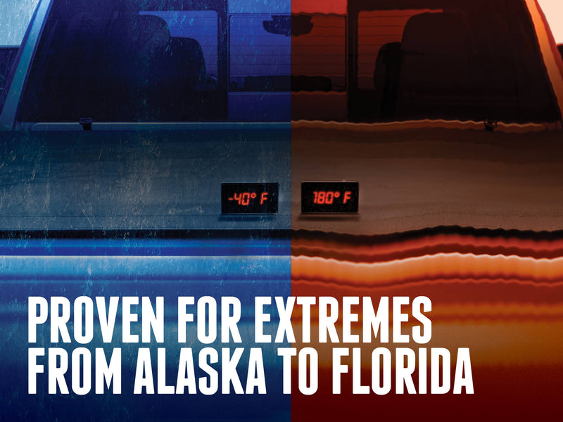 Split cold and hot tailgate graphic showing -40 F and 180 F, captioned proven for extremes