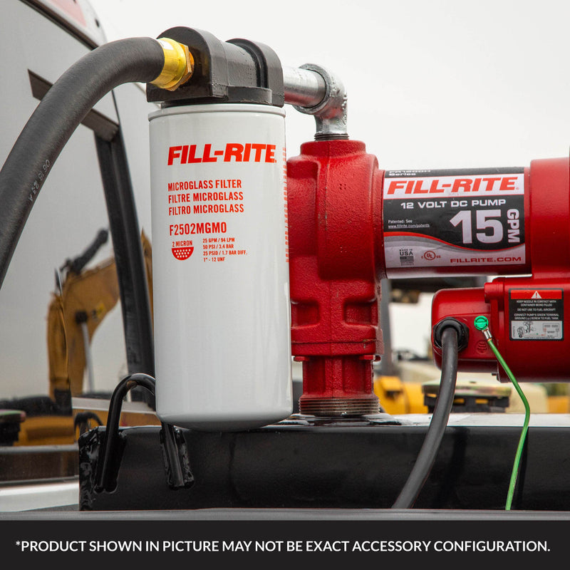 Fill-Rite F2502MGM0, installed at a transfer-tank pump (brand footer: accessory configuration may differ)