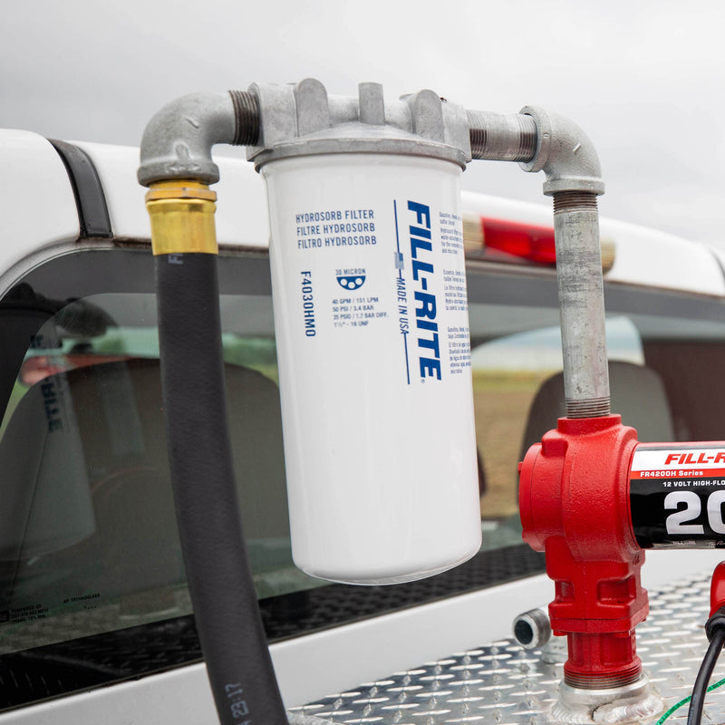 Fill-Rite F4030HM0, installed between pump and hose on a pickup transfer tank