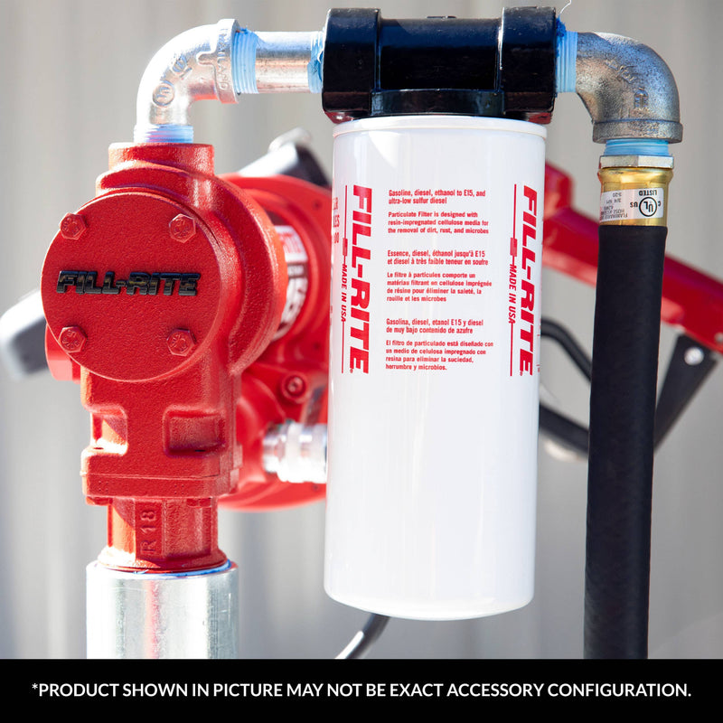 Fill-Rite fuel transfer filter, installed at a transfer-tank pump (brand footer: accessory configuration may differ)