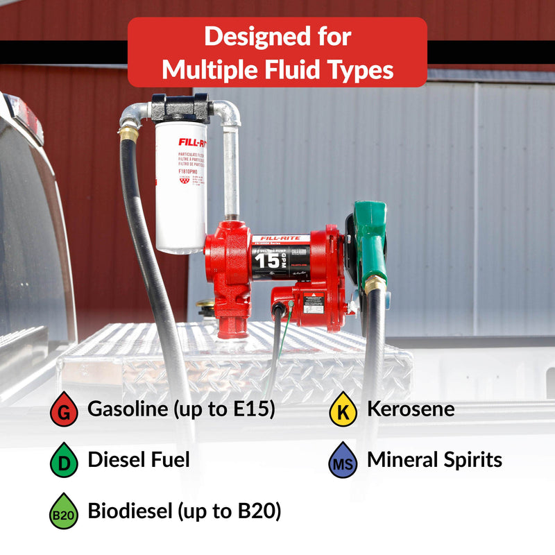 Fill-Rite FR1210HA1F 12V DC 15 GPM fuel transfer pump with filter and diesel nozzle, compatible fluids chart