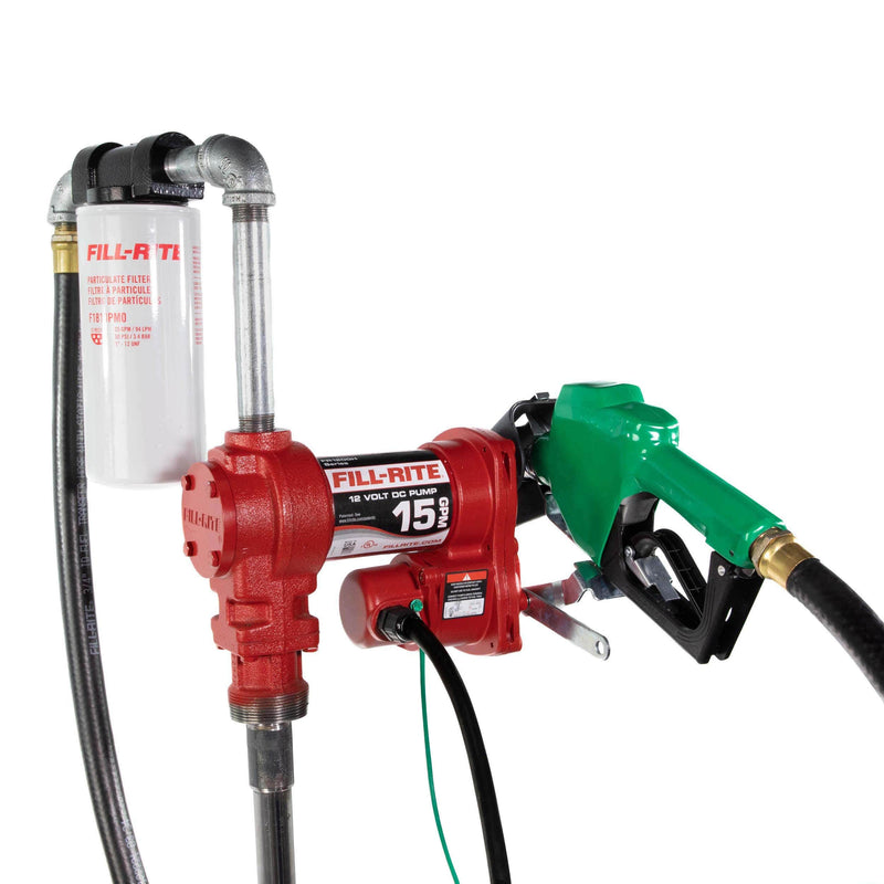 Fill-Rite FR1210HA1F 12V DC 15 GPM fuel transfer pump with filter and diesel nozzle, side view