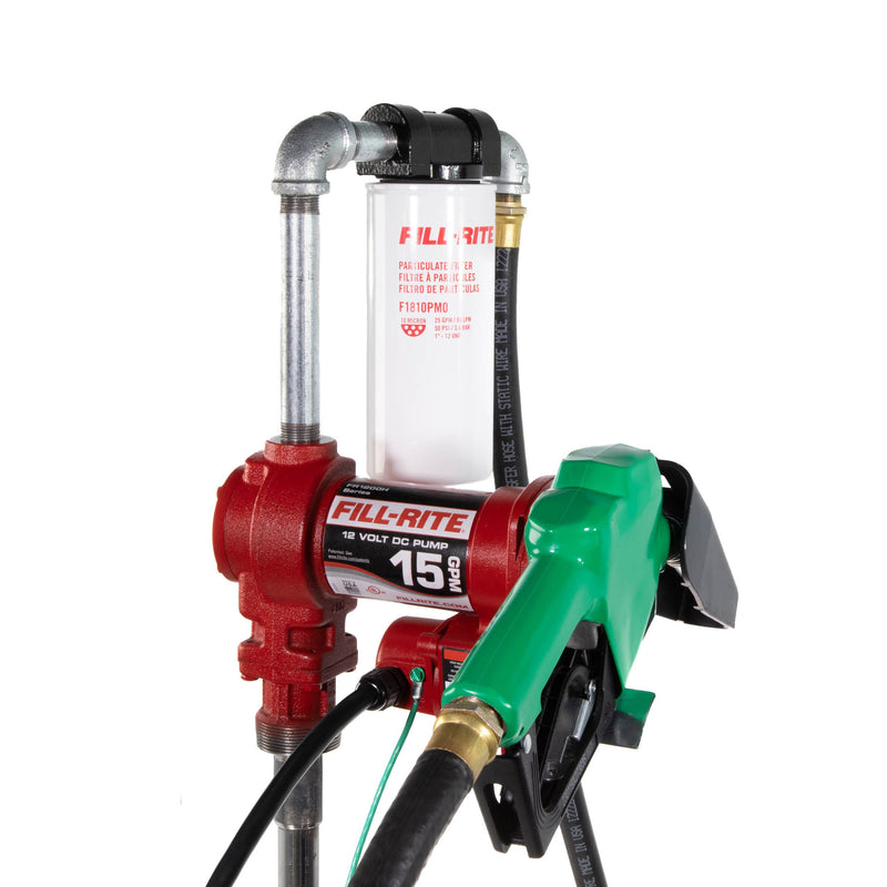 Fill-Rite FR1210HA1F 12V DC 15 GPM fuel transfer pump with filter and diesel nozzle, opposite side view