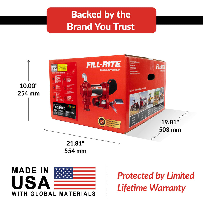 Fill-Rite FR1210HARC 12V DC 15 GPM Fuel Transfer Pump With Automatic Arctic Nozzle, shipping box dimensions