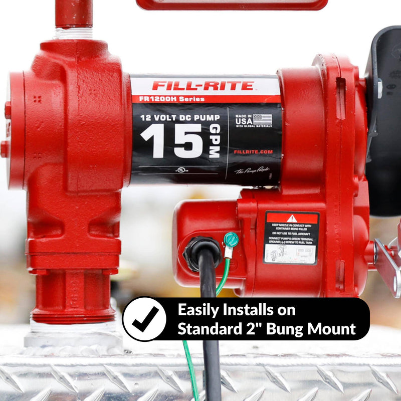Fill-Rite FR1211HLN 15 GPM, 12V DC Pump, 5' Ground Wire, 18'12 Gauge 2 Wire Battery Cable, lockable nozzle hook and 2" bung mount callouts