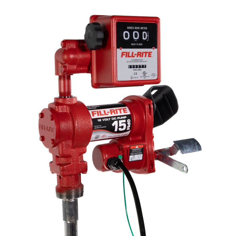 Fill-Rite FR1211HLN 15 GPM, 12V DC Pump, 5' Ground Wire, 18'12 Gauge 2 Wire Battery Cable, side view