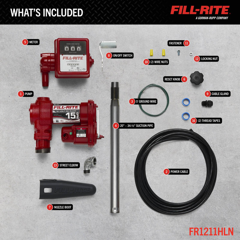 Fill-Rite FR1211HLN 15 GPM, 12V DC Pump, 5' Ground Wire, 18'12 Gauge 2 Wire Battery Cable, what's included layout