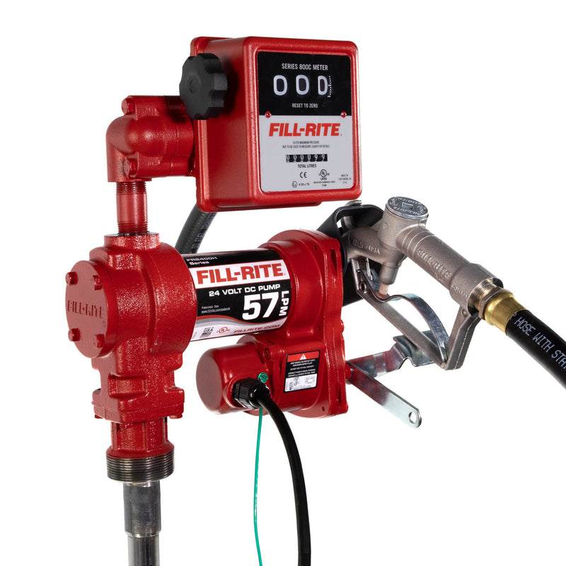 Fill-Rite FR2411HL 24V DC fuel transfer pump with liter meter and nozzle, side view