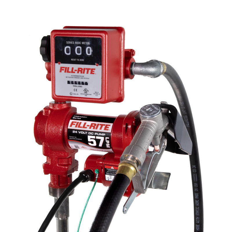 Fill-Rite FR2411HL 24V DC fuel transfer pump with liter meter and nozzle, opposite side view