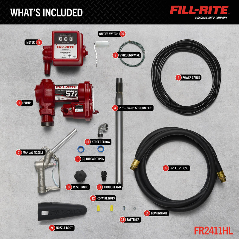 Fill-Rite FR2411HL 24V DC fuel transfer pump with liter meter and nozzle, what's included layout