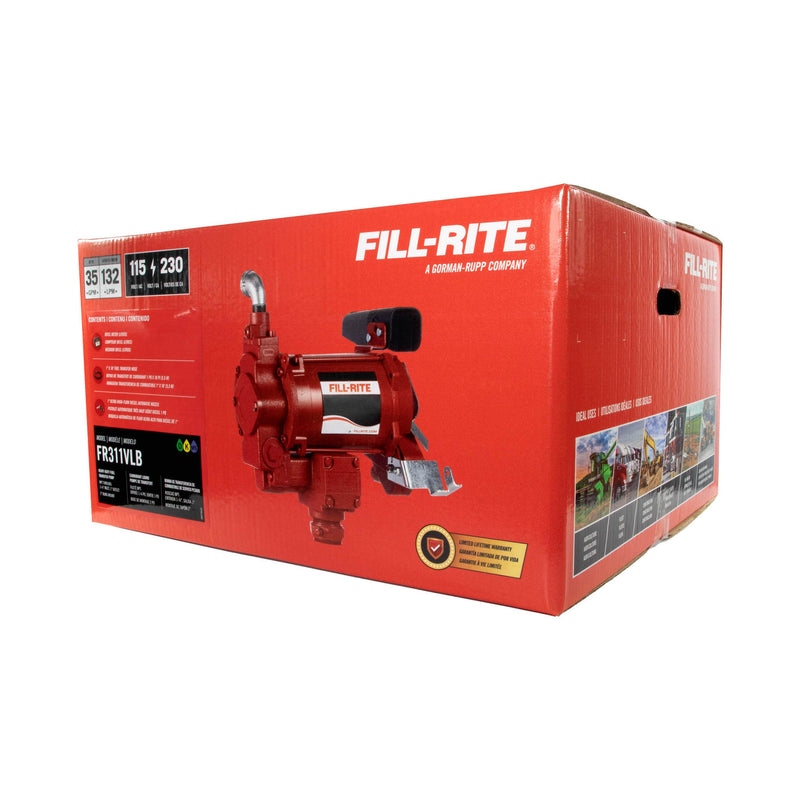 Fill-Rite FR311VLB 115/230V AC fuel transfer pump with liter meter and automatic nozzle, retail packaging
