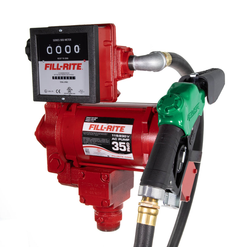 Fill-Rite FR311VLB 115/230V AC fuel transfer pump with liter meter and automatic nozzle, opposite side view