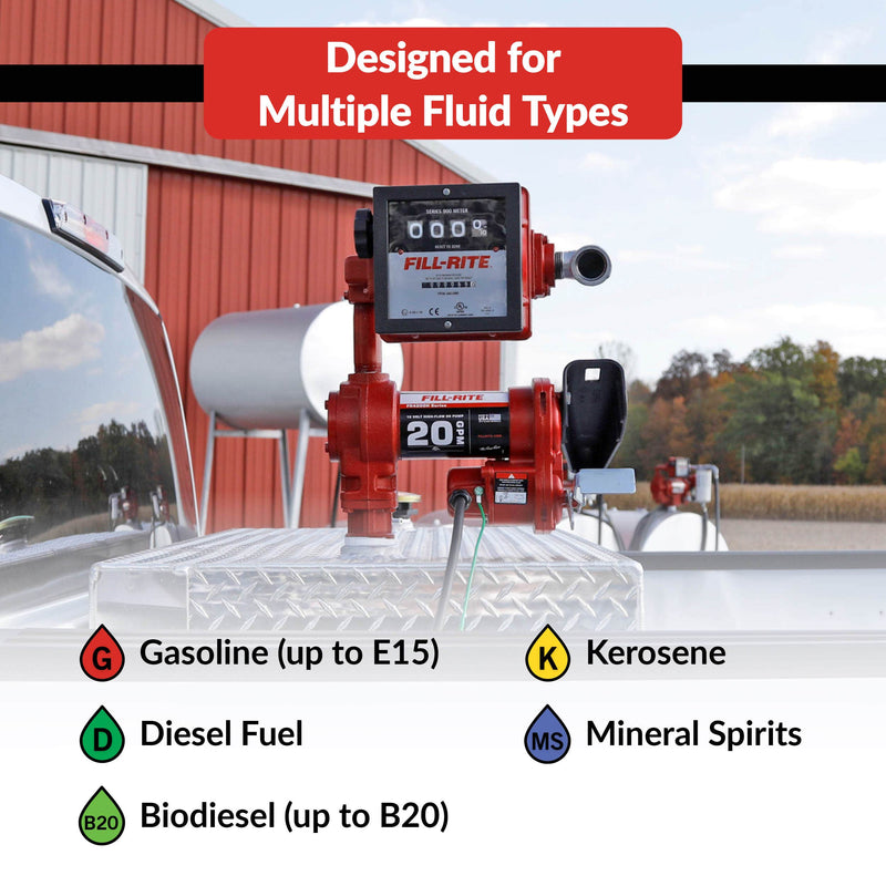 Fill-Rite FR4211HN 20 GPM, 12V DC Pump, 5' Ground Wire, 18'12 Gauge 2 Wire Battery Cable & 901c Gallon, compatible fluids chart
